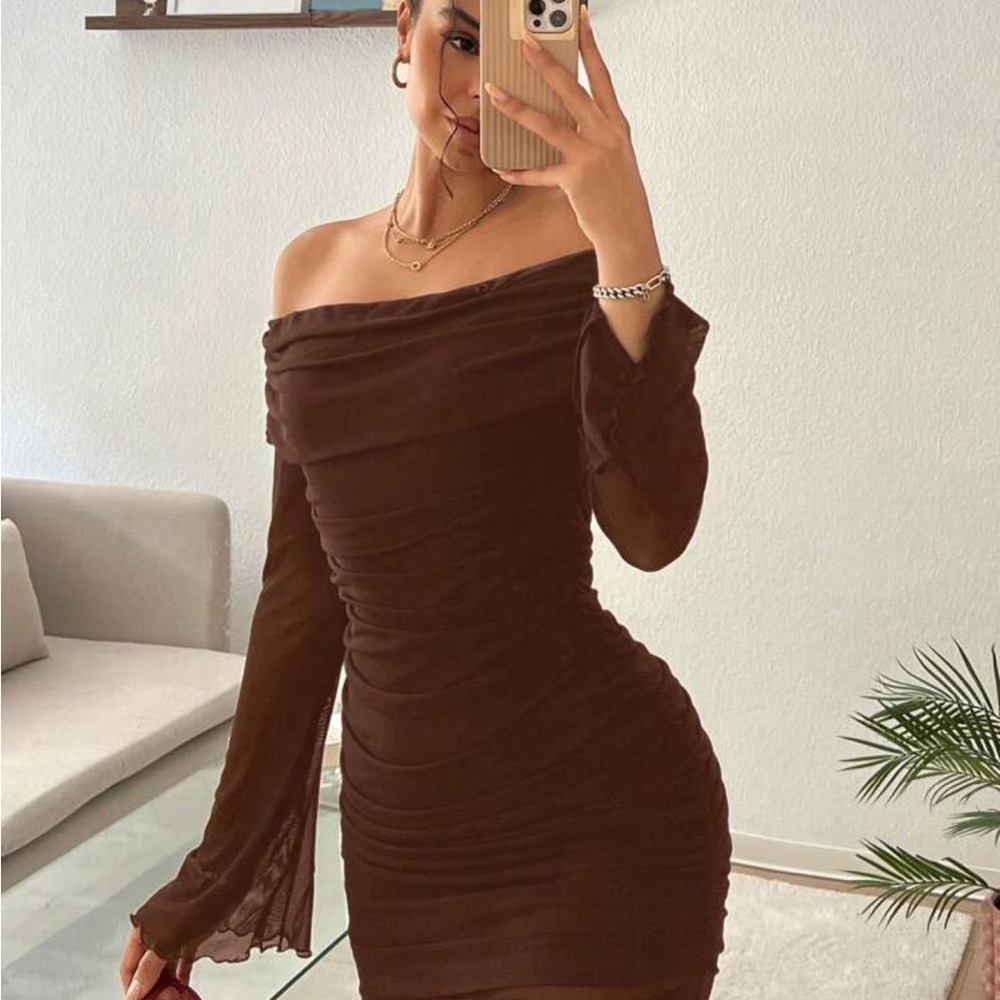 Elegant Brown Off-Shoulder Dress